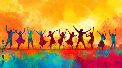 Holi festival scene with people dancing and celebrating; colorful, vibrant background.