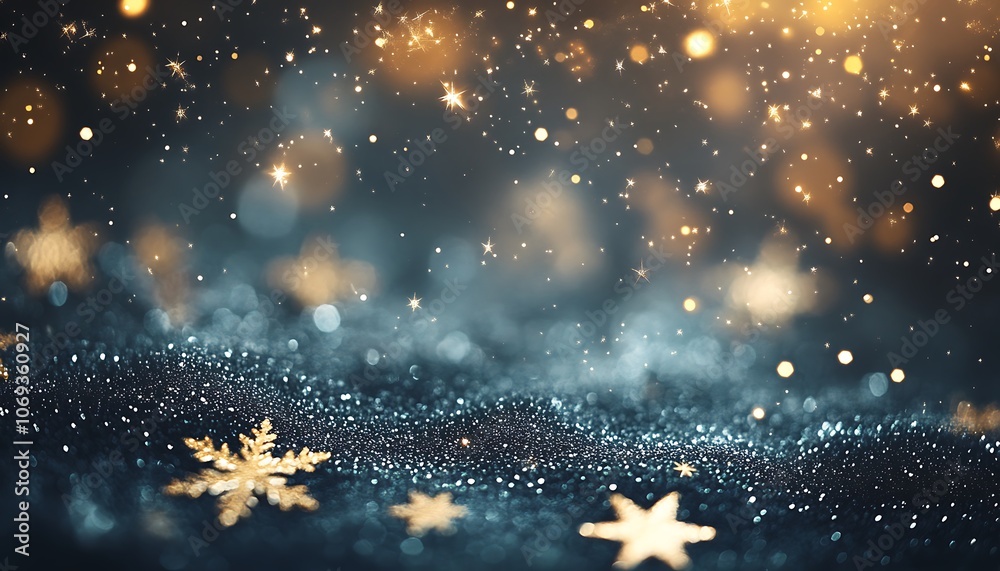 Seasonal background featuring champagne, stars, and snowflakes with a touch golden glitter on a dark surface.