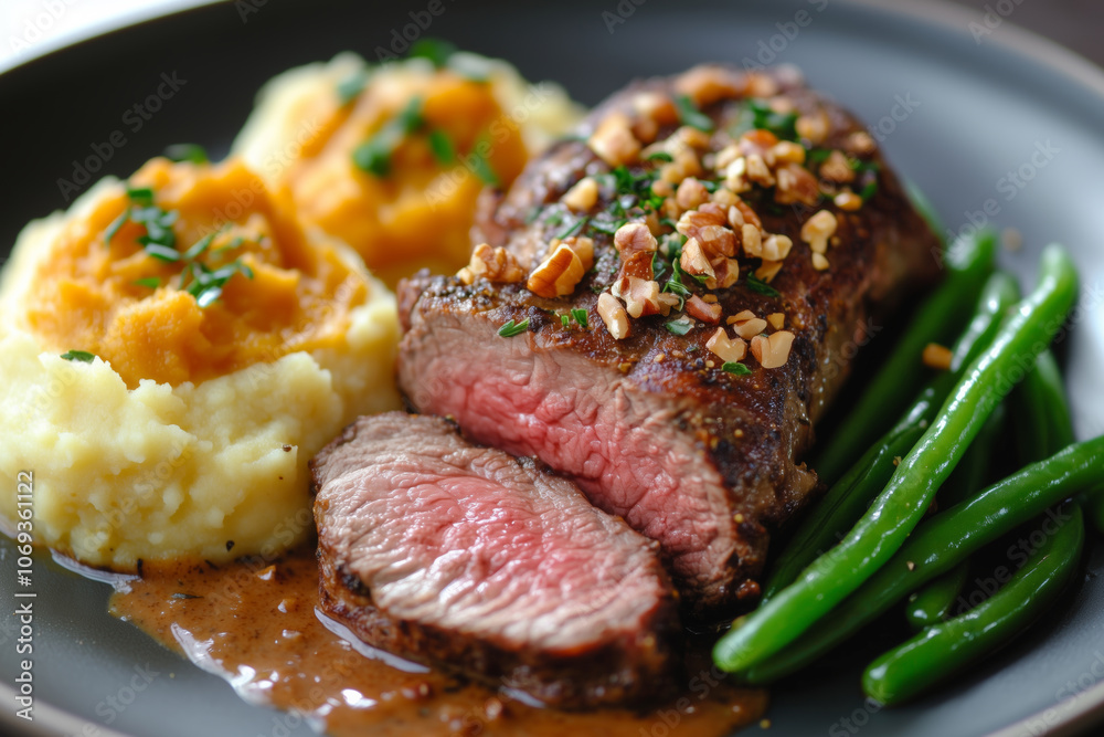 Savor venison with creamy mashed potatoes and green beans Savor venison with creamy mashed potatoes and green beans