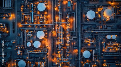 Aerial view of an industrial complex with illuminated pipelines and storage tanks, showcasing a high-tech, energy-related facility during the night.