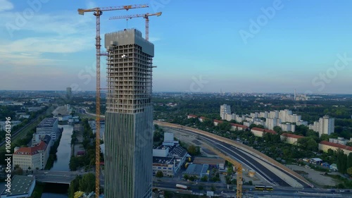 Berlin Estrel tower under construction. Great aerial view flight drone photo