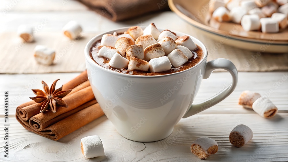 Warm cup of hot cocoa topped with marshmallows on a white background. Warm cup of hot cocoa topped with marshmallows on a white background.
