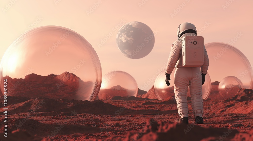 Obraz premium Futuristic space colony on mars with transparent domes and astronaut