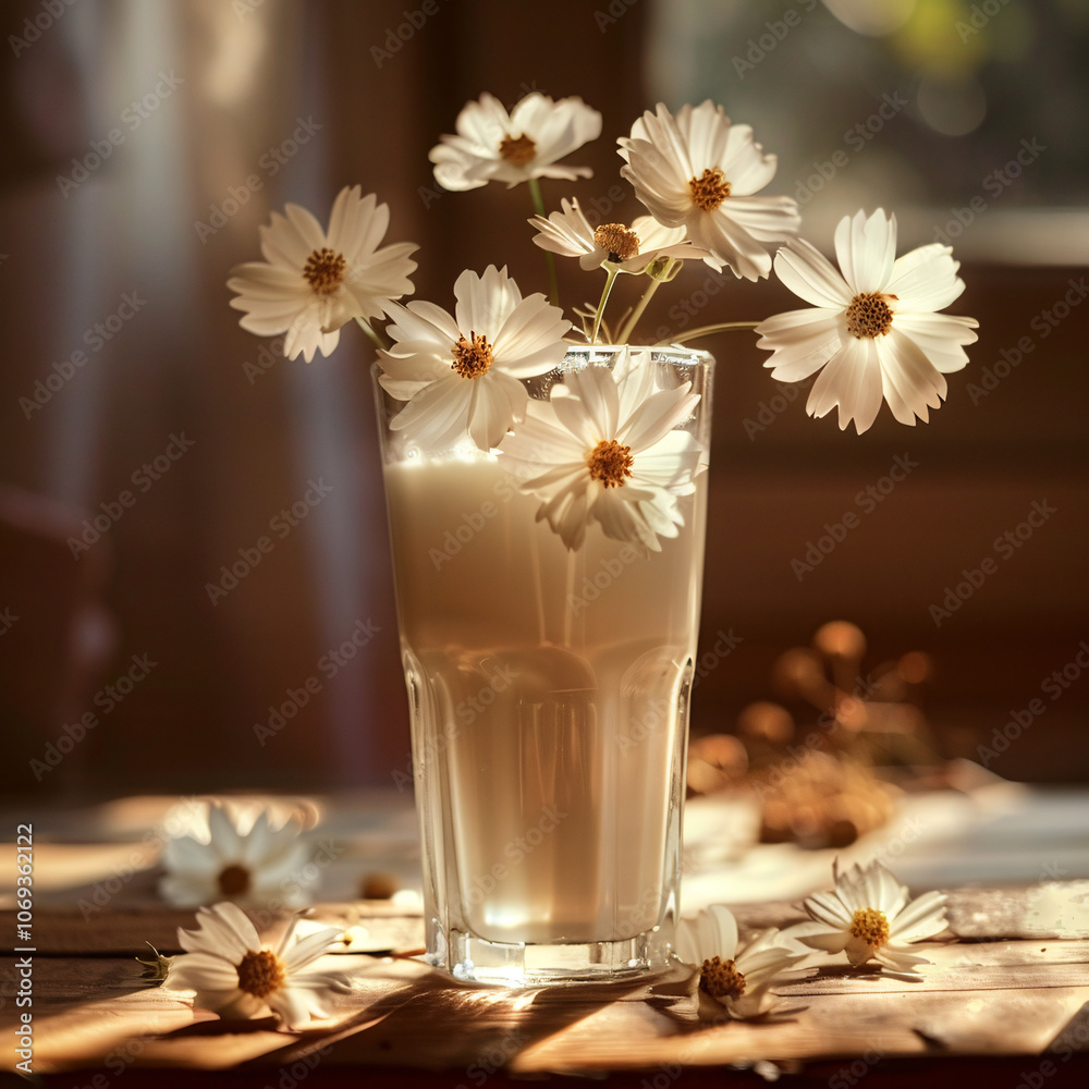 Delicate white flowers arranged in a glass on a wooden table illuminated by soft morning light Delicate white flowers arranged in a glass on a wooden table illuminated by soft morning light