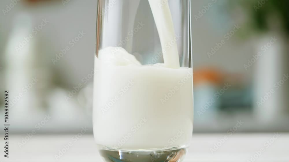 Milk pouring in glass cup close-up. Glass with yogurt, dairy products concept. Drinking fresh lactose-free milk in morning. Milk pouring in glass cup close-up. Glass with yogurt, dairy products concept. Drinking fresh lactose-free milk in morning.
