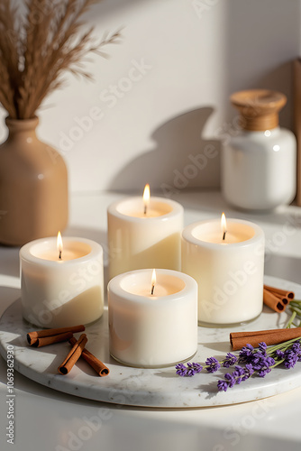 Cozy candle arrangement with lavender and cinnamon in warm natural light