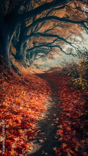 Trail Autumn Forest Dappled Light Fallen Leaves Gold Leaves Trees Red Leaves Orange Leaves Canopy Sunlight

