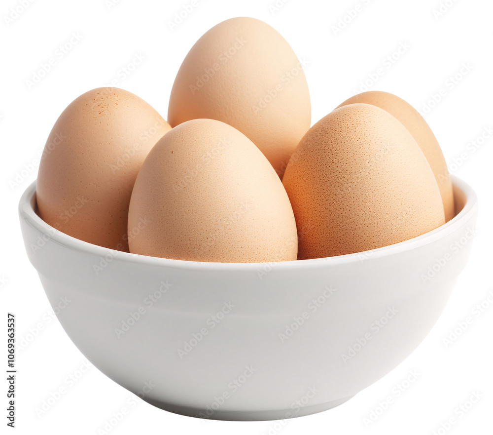 Five brown eggs in a white bowl. Five brown eggs in a white bowl.