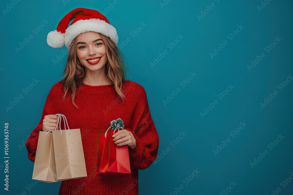 Obraz premium Smiling young woman in a Santa hat holding holiday shopping bags. Christmas shopping and gifts. AI generated image