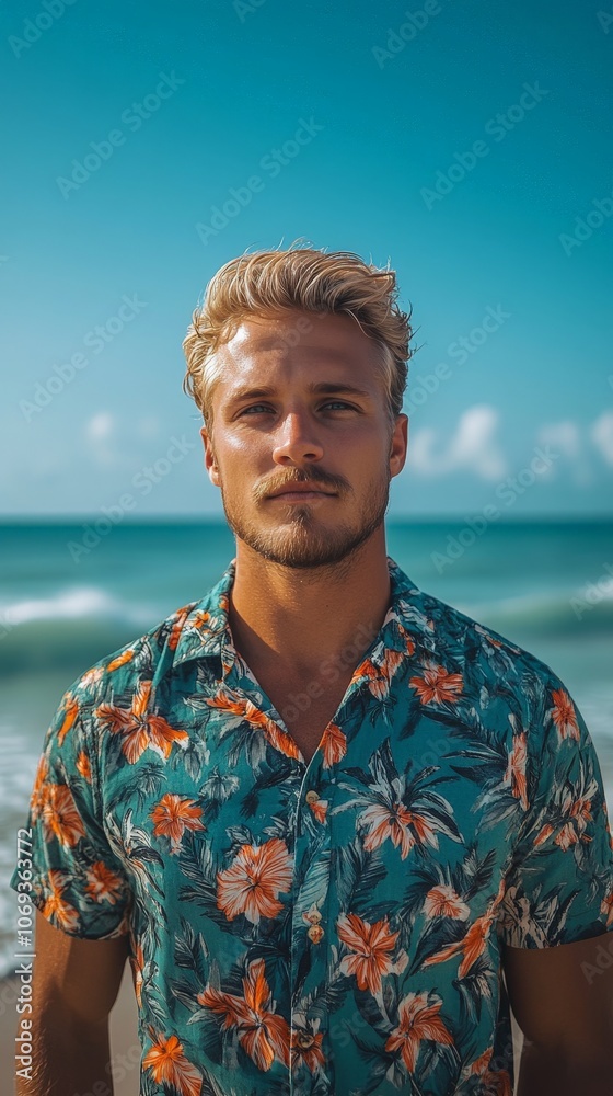 Smiling tourist man in Hawaiian shirt walking by tropical beach in summer Smiling tourist man in Hawaiian shirt walking by tropical beach in summer