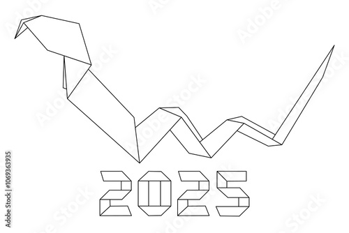 New Year snake symbol 2025 Chinese zodiac origami isolated on white background. Paper craft snake 2025. Snake carries the meanings of malevolence. Line art style. Vector illustration.