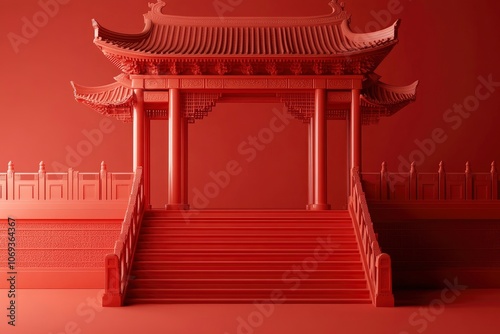 Chinese temple gate with staircases and copyspace. 3d element isolated on red background. Suitable for Asian or Chinese culture decoration with generative ai