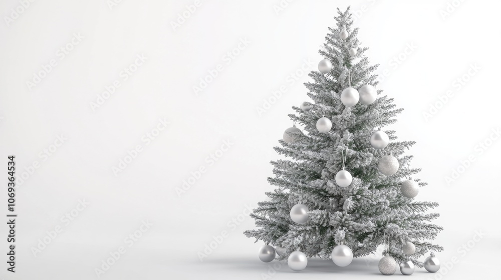 A beautiful white Christmas tree decorated with shiny silver ornaments, perfect for winter scenes or holiday celebrations A beautiful white Christmas tree decorated with shiny silver ornaments, perfect for winter scenes or holiday celebrations