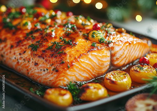 Roast salmon fillet seasoned with herbs and lemon with hasselback potatoes