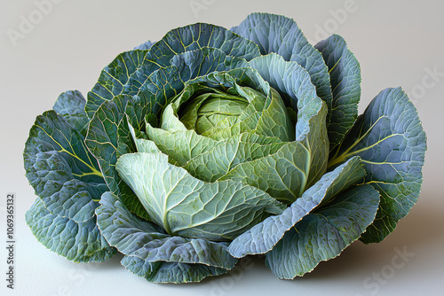 A cabbage head isolated on a white background highlights its layered green leaves. Concept of vegetable isolated on white.