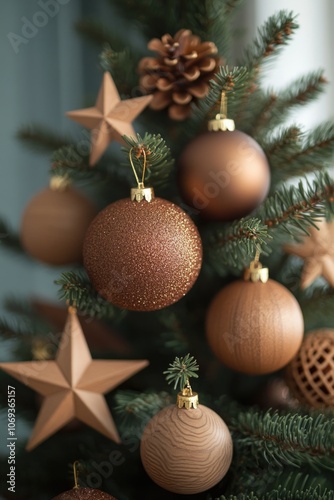 A detailed view of Christmas tree decorations, ideal for holiday-themed designs and projects