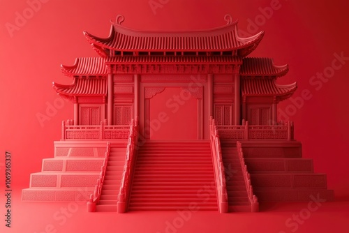 Chinese temple gate with staircases and copyspace. 3d element isolated on red background. Suitable for Asian or Chinese culture decoration with generative ai