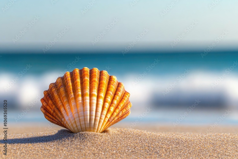 A shell sits on a sandy beach with the ocean waves and blue sky in the background A shell sits on a sandy beach with the ocean waves and blue sky in the background