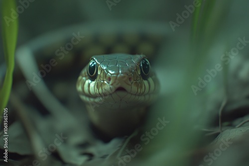 A close-up view of a snake hiding in tall grass, often used for wildlife or nature photography projects