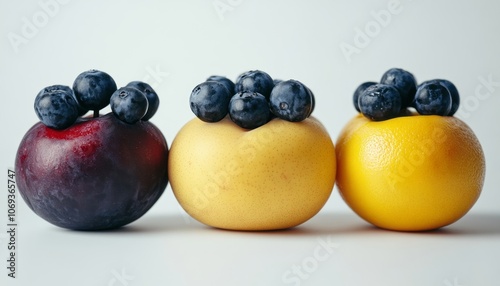 Plums and apples stacked with fresh blueberries for a colorful fruit display