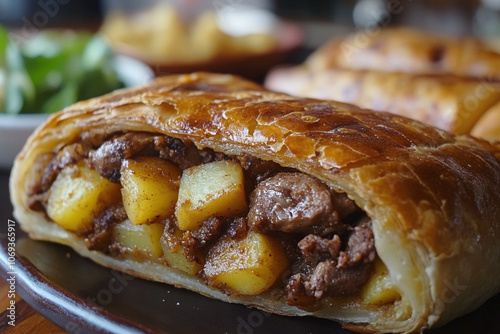 a Colombian empanada filled with potatoes and meat. photo