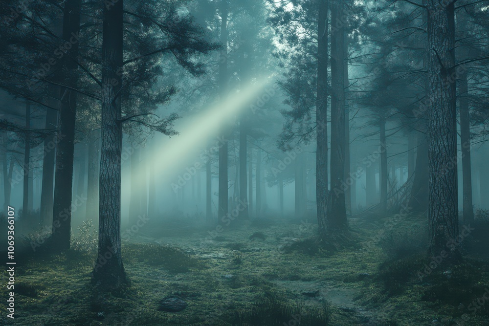 Fototapeta premium A foggy pine forest , with low-hanging mist drifting through the trees, surrounded by tall, dark pines, moss-covered ground,AI Generation