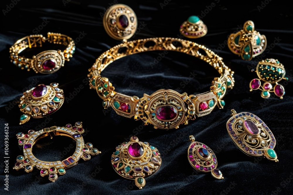 A collection of gold jewelry displayed on a black cloth, suitable for close-up shots or product photography A collection of gold jewelry displayed on a black cloth, suitable for close-up shots or product photography