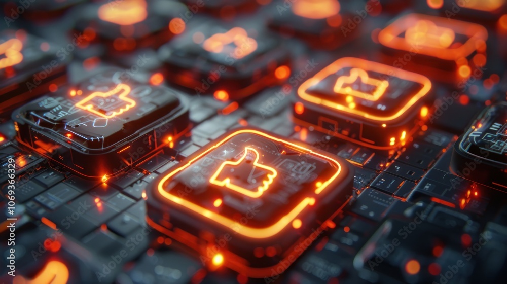 Glowing Thumbs Up Icons on Circuit Board Glowing Thumbs Up Icons on Circuit Board