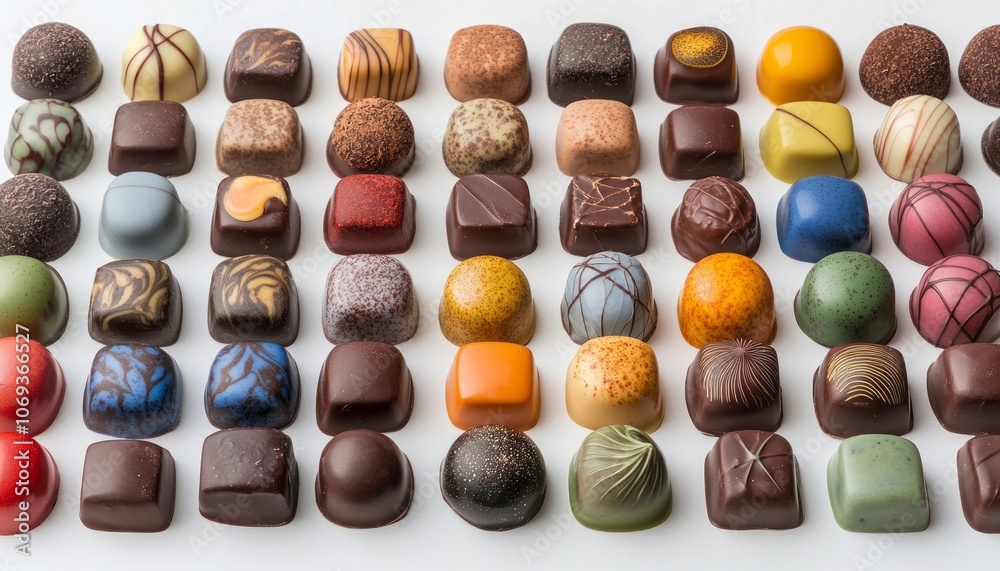 Artfully arranged assortment of gourmet chocolates on a white display surface Artfully arranged assortment of gourmet chocolates on a white display surface