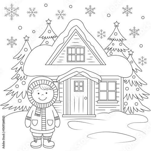 Cute Girl Outline Coloring Page, Christmas and Winter Illustration