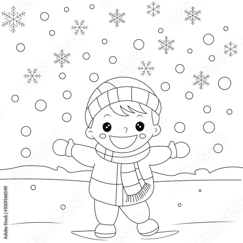 Cute Boy Christmas Snowflake Outline Coloring Page, Christmas and Winter Illustration 