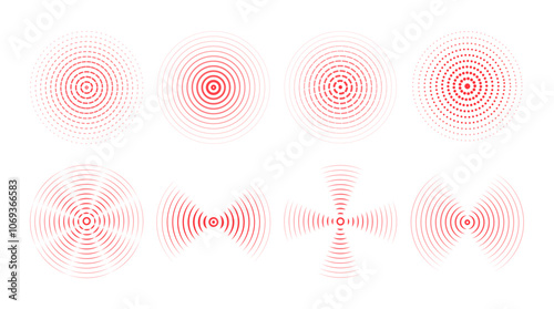 Set of red rings with sound waves, interrupted lines and dots. Rings with radial lines, wallpaper . Radar icon, targets, epicenter.  Vector signal concentric vortex circles.