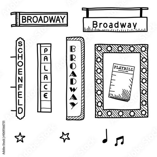 set of hand drawn broadway doodles including broadway street sign, music notes, broadway theatre marquee, palace theatre marquee, schoenfeld theatre marquee, dressing room mirror