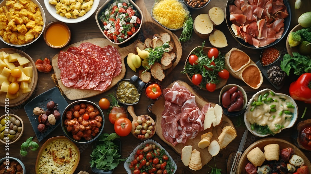 A colorful spread of gourmet appetizers featuring various meats, cheeses, vegetables, and dips arranged on a wooden table A colorful spread of gourmet appetizers featuring various meats, cheeses, vegetables, and dips arranged on a wooden table