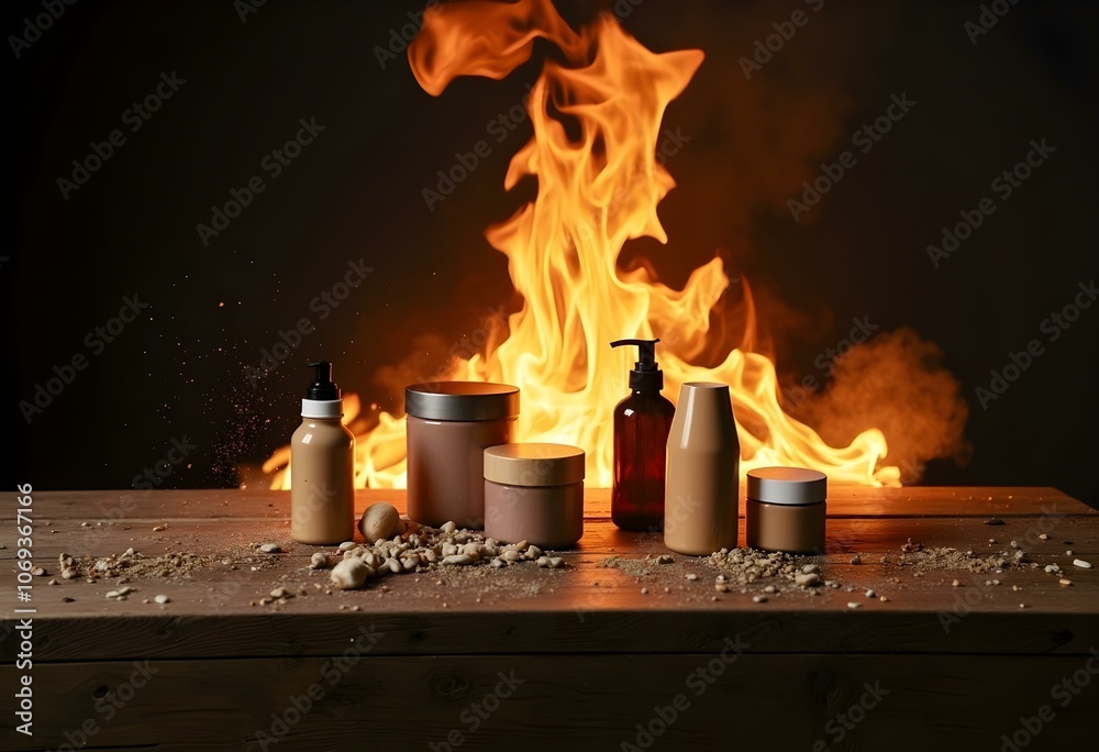 wooden table with Fire burning at the edge of the table, fire particles, sparks, and smoke in the air, with fire flames on a dark background to display products wooden table with Fire burning at the edge of the table, fire particles, sparks, and smoke in the air, with fire flames on a dark background to display products