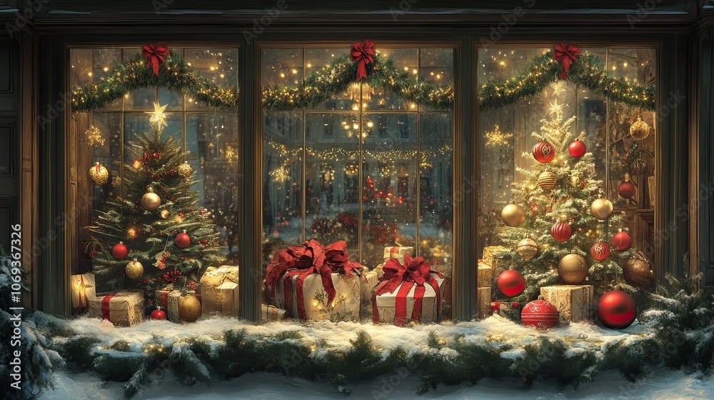 Fototapeta premium Christmas decorations and lights in a cozy storefront window. Christmas Shopping. AI generated image