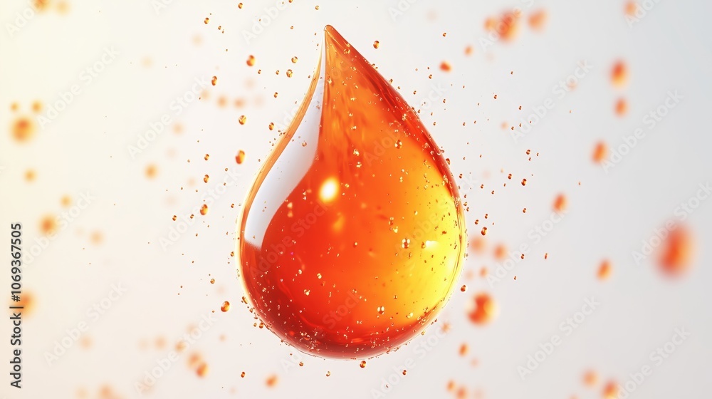 Obraz premium Amber liquid droplet with bubbles on light gradient background