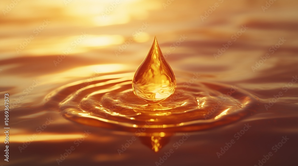 Golden droplet on water surface at sunset creating circular ripples Golden droplet on water surface at sunset creating circular ripples