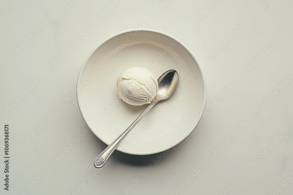 A minimalist shot of a single vanilla ice cream scoop in a plain white bowl with a silver spoon. A minimalist shot of a single vanilla ice cream scoop in a plain white bowl with a silver spoon.