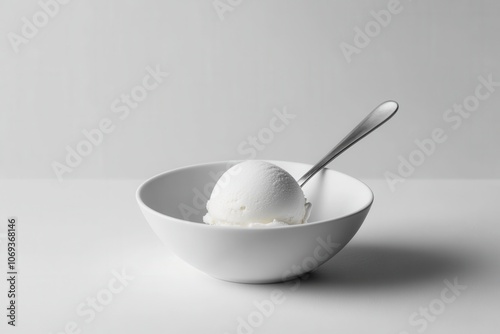 A minimalist shot of a single vanilla ice cream scoop in a plain white bowl with a silver spoon. 