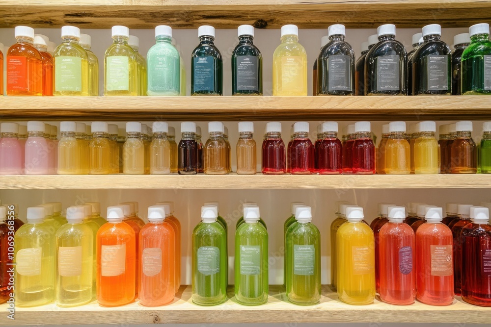 A wooden shelf filled with variously colored glass bottles, perfect for still life or interior design photoshoots A wooden shelf filled with variously colored glass bottles, perfect for still life or interior design photoshoots