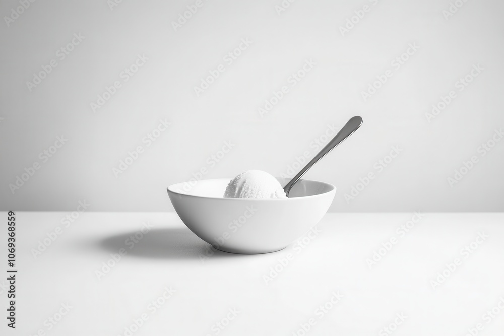 A minimalist shot of a single vanilla ice cream scoop in a plain white bowl with a silver spoon. A minimalist shot of a single vanilla ice cream scoop in a plain white bowl with a silver spoon.