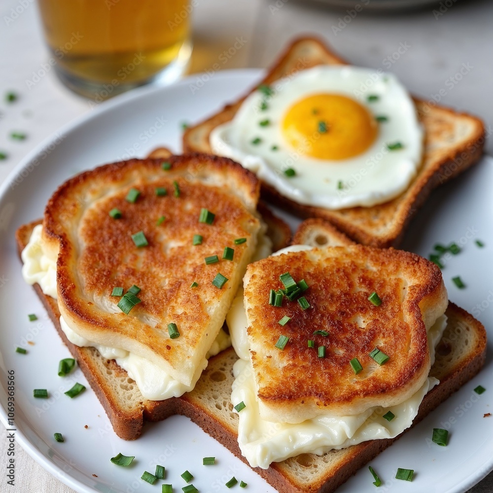 Delicious Toast Skagen with creamy filling, fried egg, and chives on a white plate with a drink in the background Delicious Toast Skagen with creamy filling, fried egg, and chives on a white plate with a drink in the background
