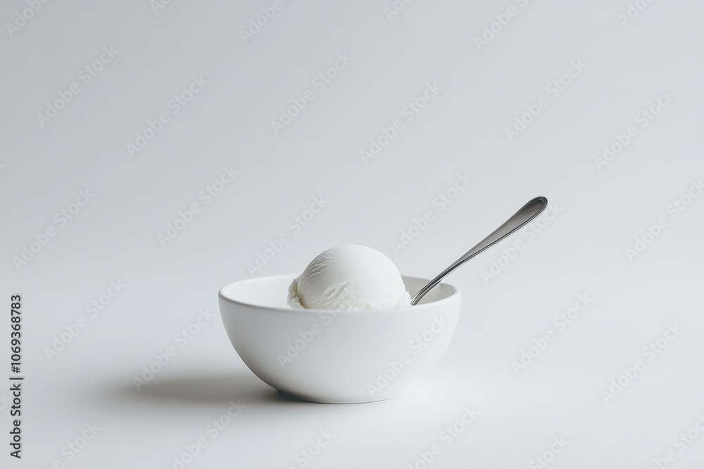 A minimalist shot of a single vanilla ice cream scoop in a plain white bowl with a silver spoon. A minimalist shot of a single vanilla ice cream scoop in a plain white bowl with a silver spoon.