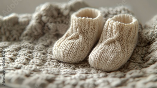 Cozy knitted baby booties on a soft textured blanket in a warm nursery setting