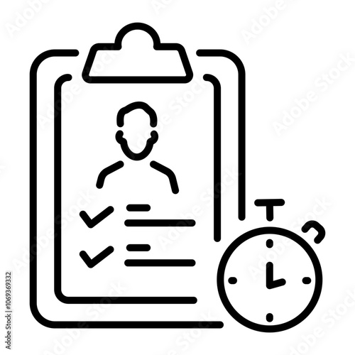 A linear icon of a clipboard with a checklist and a stopwatch, symbolizing a waiting list