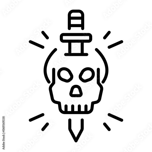 A linear icon of a skull with a dagger tattoo design.