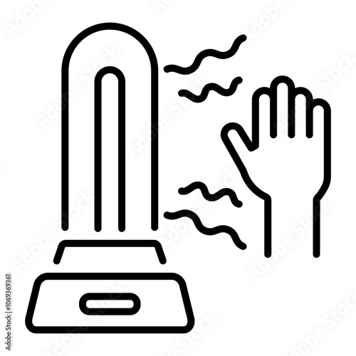 A linear icon of a sterilization lamp emitting UV rays to sanitize a hand