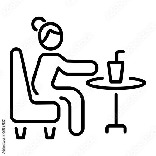 A linear icon of a person sitting in a refreshment area