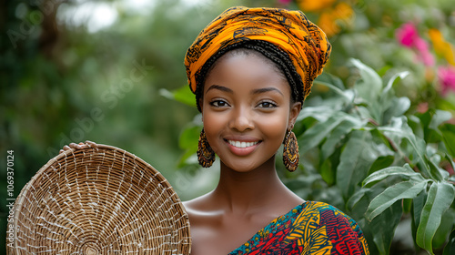 A Graceful Traditional Rwandese Girl with a Craft Basket in a Lush Rural Setting photo